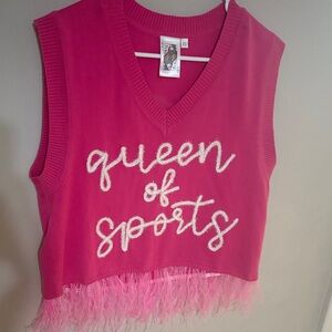 QUEEN OF SPARKLES Pink Sleeveless Sweater with Feather Hem
